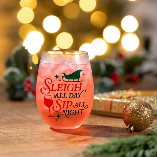 Twas The Night Wine Glass Stemless Glass, Sleigh All Day, 17oz, Gift B | Plow & Hearth