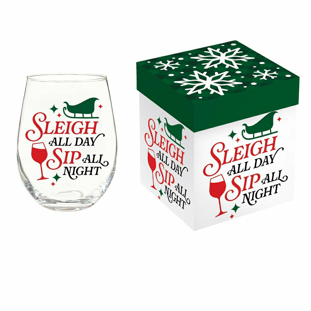 Twas The Night Wine Glass Stemless Glass, Sleigh All Day, 17oz, Gift B | Plow & Hearth