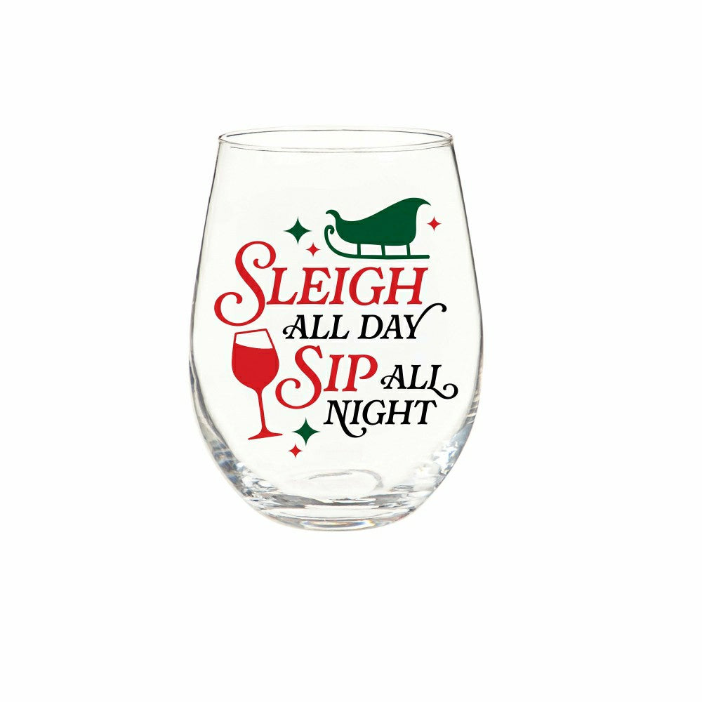Twas The Night Wine Glass Stemless Glass, Sleigh All Day, 17oz, Gift B | Plow & Hearth