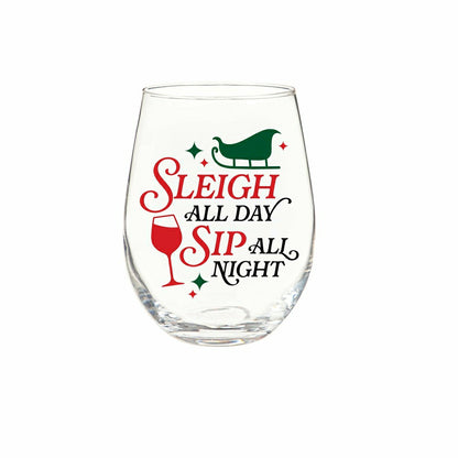 Twas The Night Wine Glass Stemless Glass, Sleigh All Day, 17oz, Gift B | Plow & Hearth