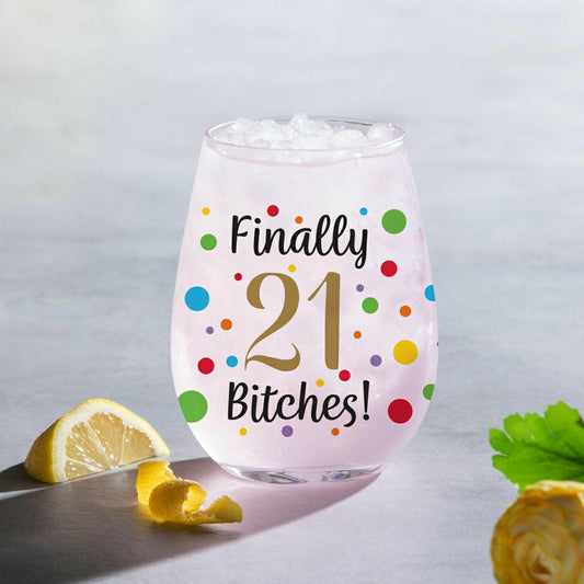 Finally 21 Bitches Stemless Glass, 17oz, Gift Box | Plow & Hearth