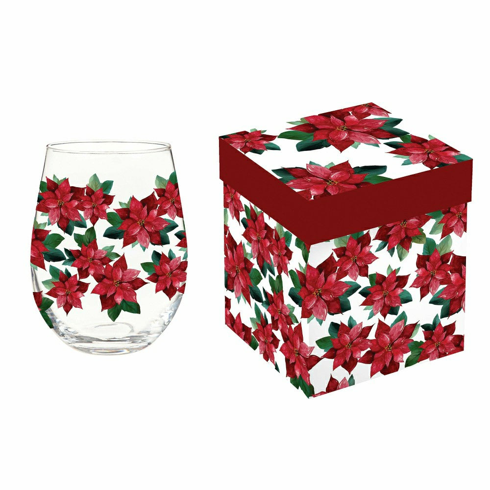 Holiday Poinsettia Wine Glass Stemless Glass, Poinsettia Bliss, 17oz,  | Plow & Hearth