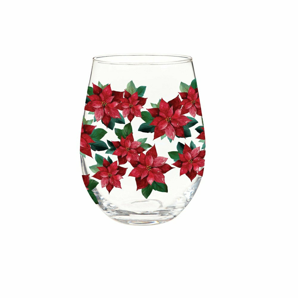 Holiday Poinsettia Wine Glass Stemless Glass, Poinsettia Bliss, 17oz,  | Plow & Hearth