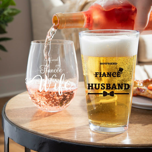 Wedding Stemless Glass and Beer Pint Giftset, 17oz and 16oz, Gift Box | Plow & Hearth