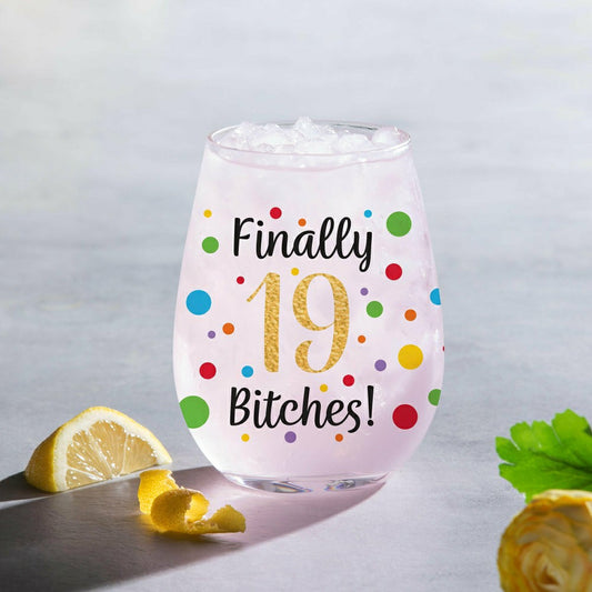Finally 19 Bitches Stemless Glass, 17oz, Gift Box | Plow & Hearth