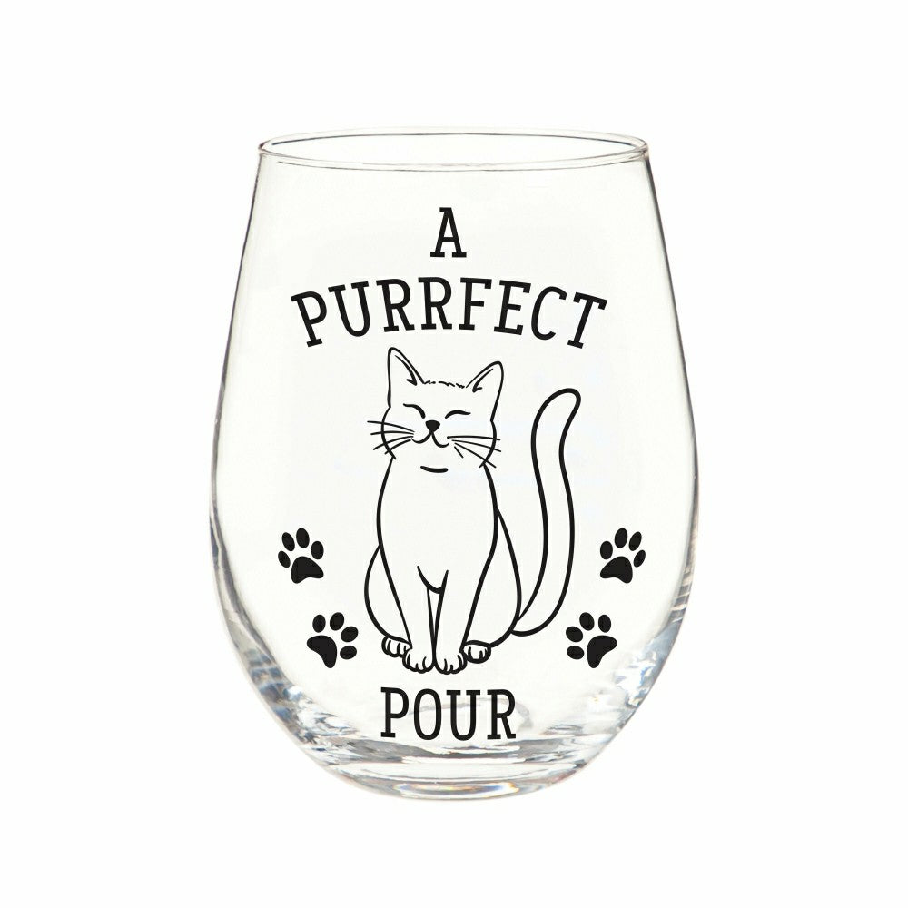 Hillside Pasture Pet Wine Glass Stemless, Cat, "A PURRFECT POUR", 17oz | Plow & Hearth