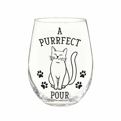 Hillside Pasture Pet Wine Glass Stemless, Cat, "A PURRFECT POUR", 17oz | Plow & Hearth
