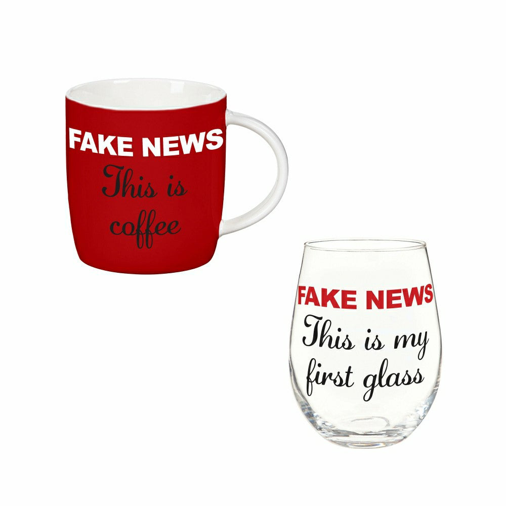 Just for Laughs Drinkware Gift Set Ceramic Cup and Wine Glass, "Fake N | Plow & Hearth