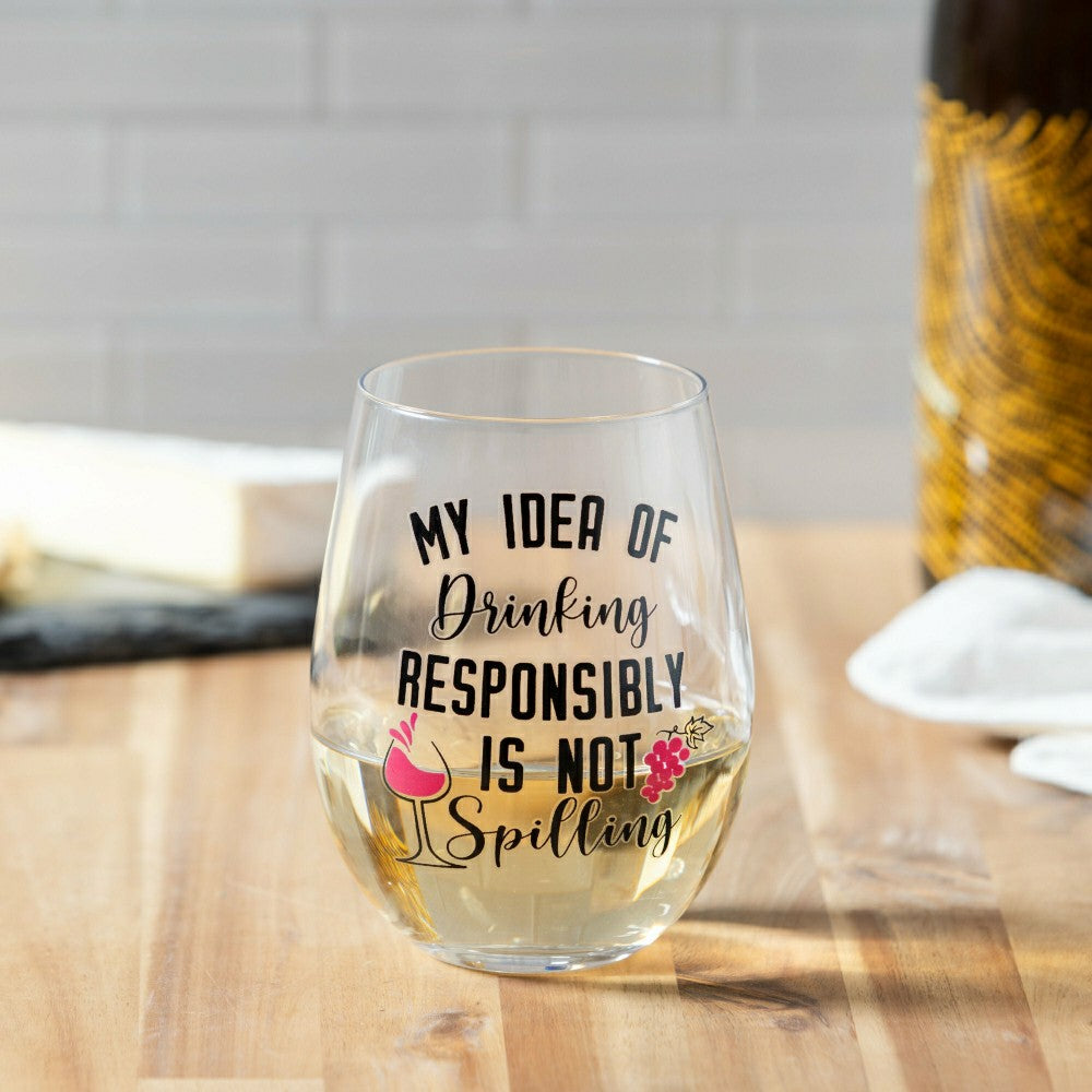Just for Laughs Wine Glass Stemless, "My Idea of Drinking", 17oz, Gift | Plow & Hearth
