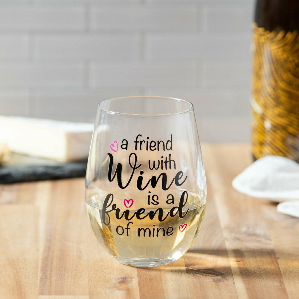 Just for Laughs Wine Glass Stemless, "A Friend with Wine is a Friend o | Plow & Hearth