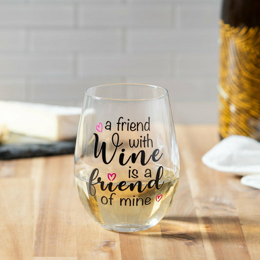 Just for Laughs Wine Glass Stemless, "A Friend with Wine is a Friend o | Plow & Hearth