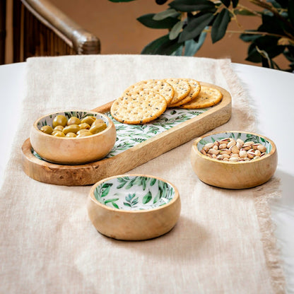 Olive Oasis 3-Section Wood Server with Bowls, 13"L | Plow & Hearth