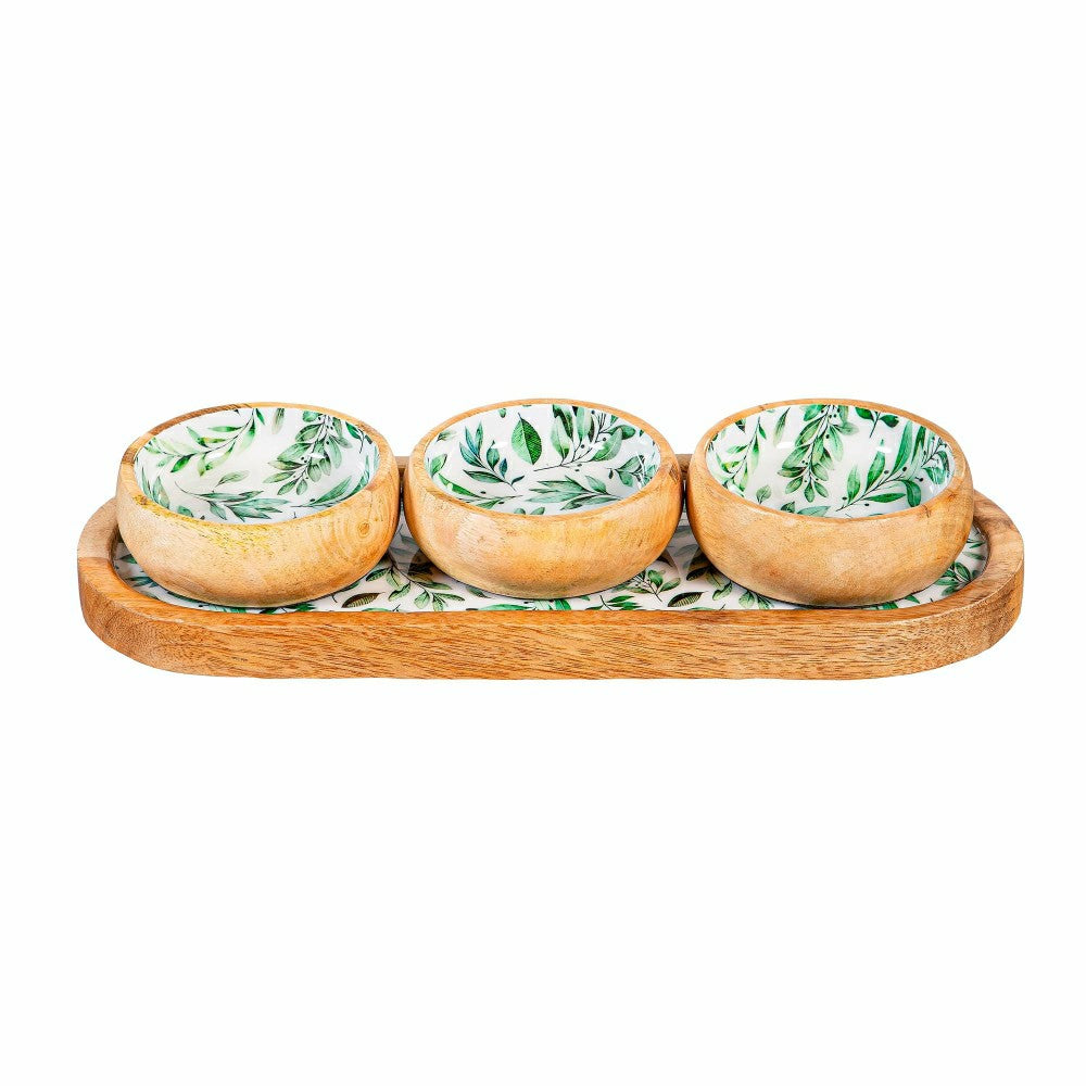 Olive Oasis 3-Section Wood Server with Bowls, 13"L | Plow & Hearth