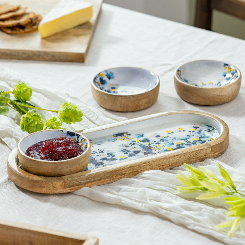 VivaStyle Gilded Meadow Wooden Tray with 3 Bowls, Set of 4 | Plow & Hearth