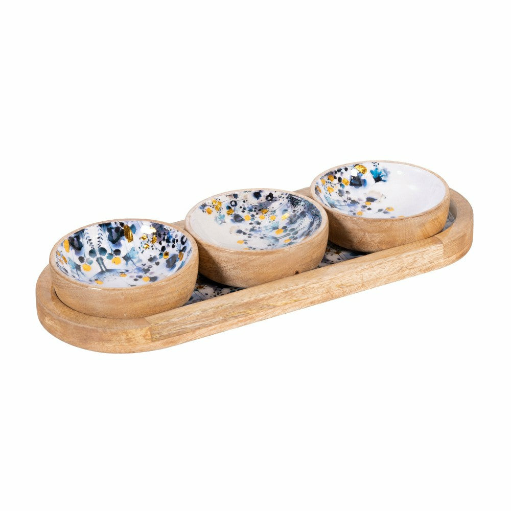 VivaStyle Gilded Meadow Wooden Tray with 3 Bowls, Set of 4 | Plow & Hearth