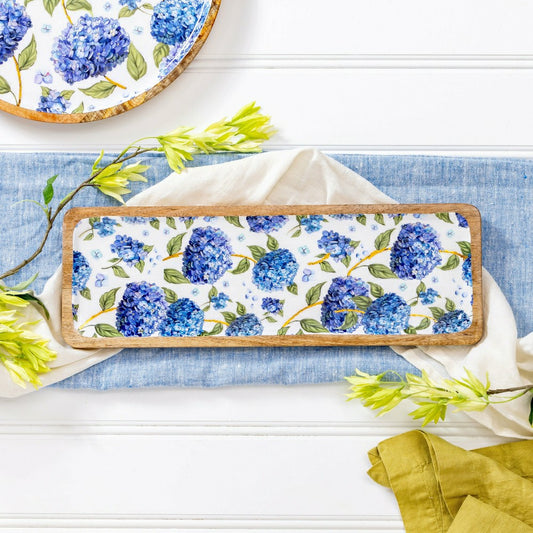 VivaStyle Serveware, Rectangular Wood Serving Tray, Hydrangea, 18"L | Plow & Hearth