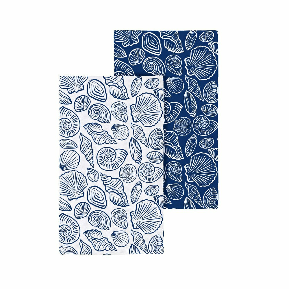 Blue Coastal Kitchen Towel Quick Dry Waffle Weave Double-Sided, Shells | Plow & Hearth