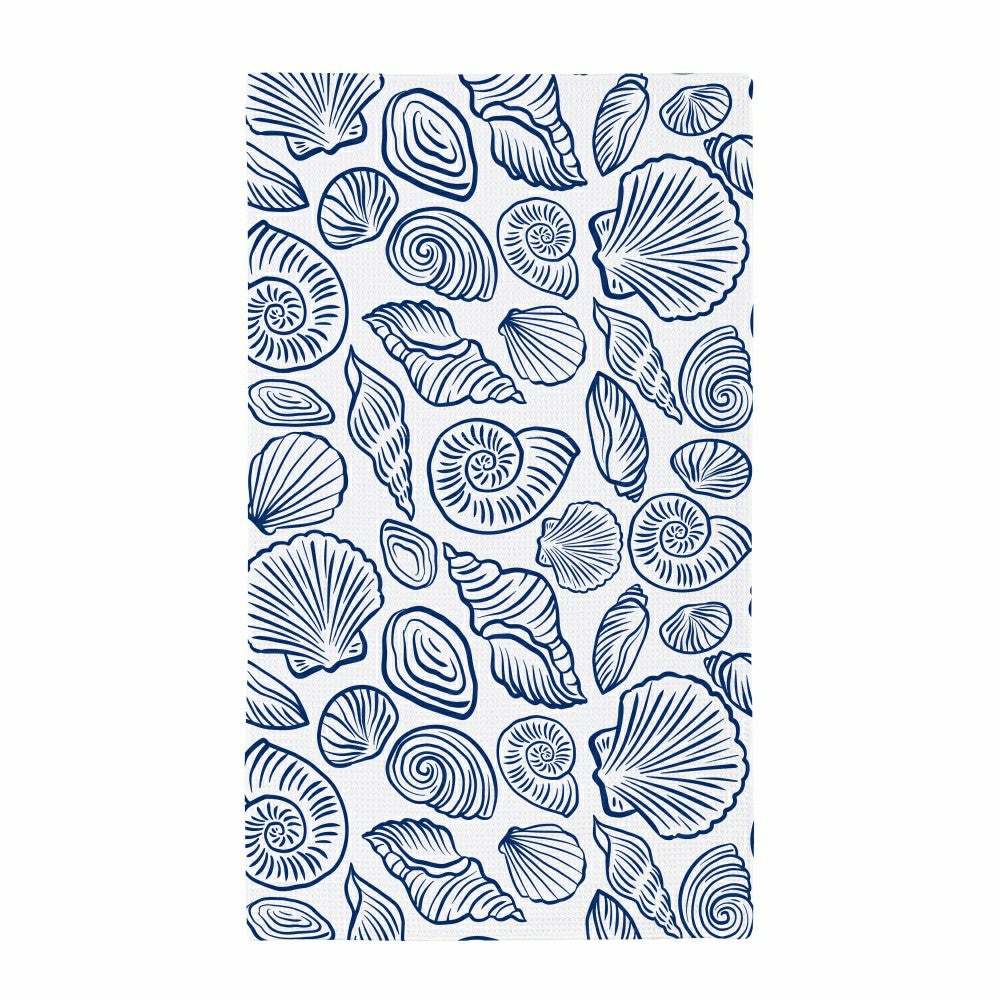 Blue Coastal Kitchen Towel Quick Dry Waffle Weave Double-Sided, Shells | Plow & Hearth