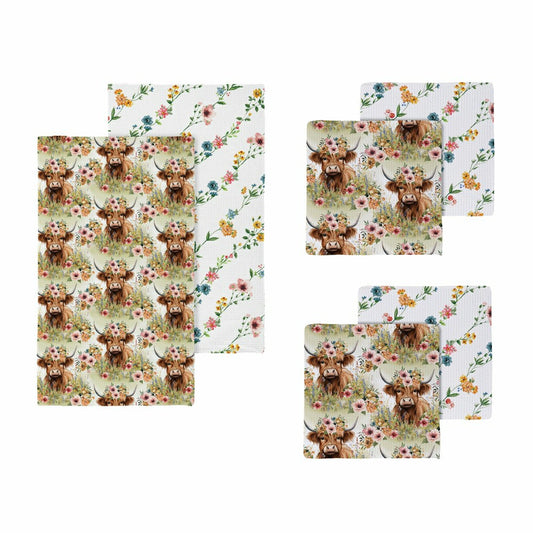 Petal & Plow Kitchen Gift Set Quick Dry Waffle Weave Double-Sided, Farm Highland Cow, Set of 3 | Plow & Hearth