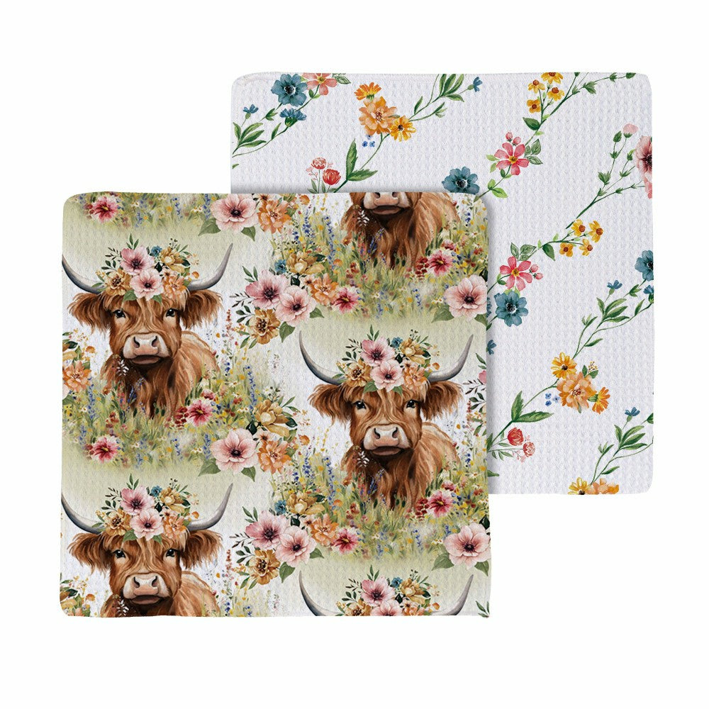 Petal & Plow Kitchen Gift Set Quick Dry Waffle Weave Double-Sided, Farm Highland Cow, Set of 3 | Plow & Hearth
