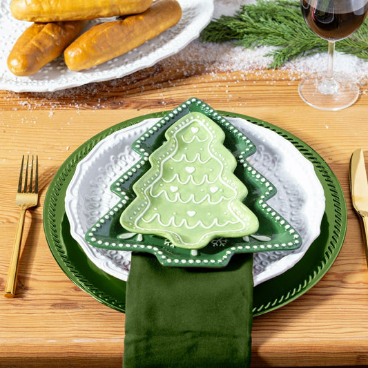 Shades of Green Tree Shaped 8.25" Embossed Ceramic Appetizer Plate, Se | Plow & Hearth