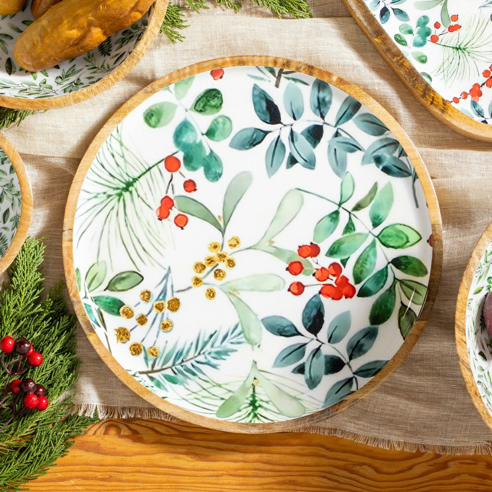 VivaStyle Platter, Round Wood Platter, Festive Foliage, 14"L | Plow & Hearth