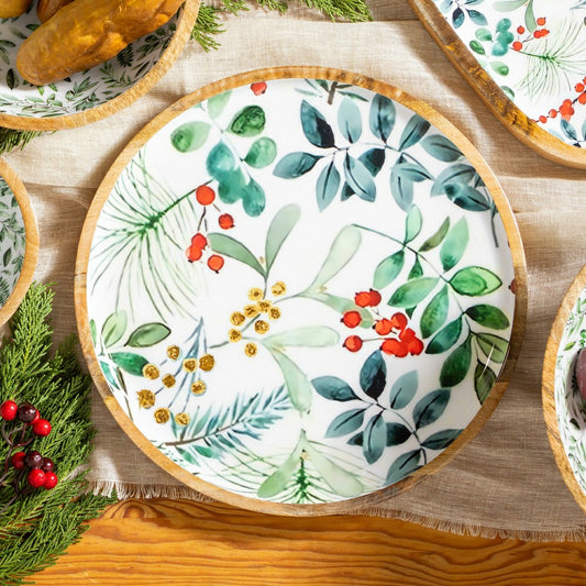 VivaStyle Platter, Round Wood Platter, Festive Foliage, 14"L | Plow & Hearth