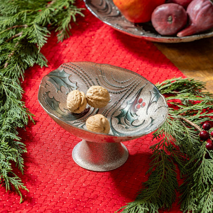 Joyful Traditions Bowl Glass Holly and Berries Footed Bowl, 8.25"L | Plow & Hearth