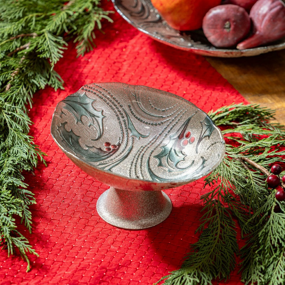 Joyful Traditions Bowl Glass Holly and Berries Footed Bowl, 8.25"L | Plow & Hearth
