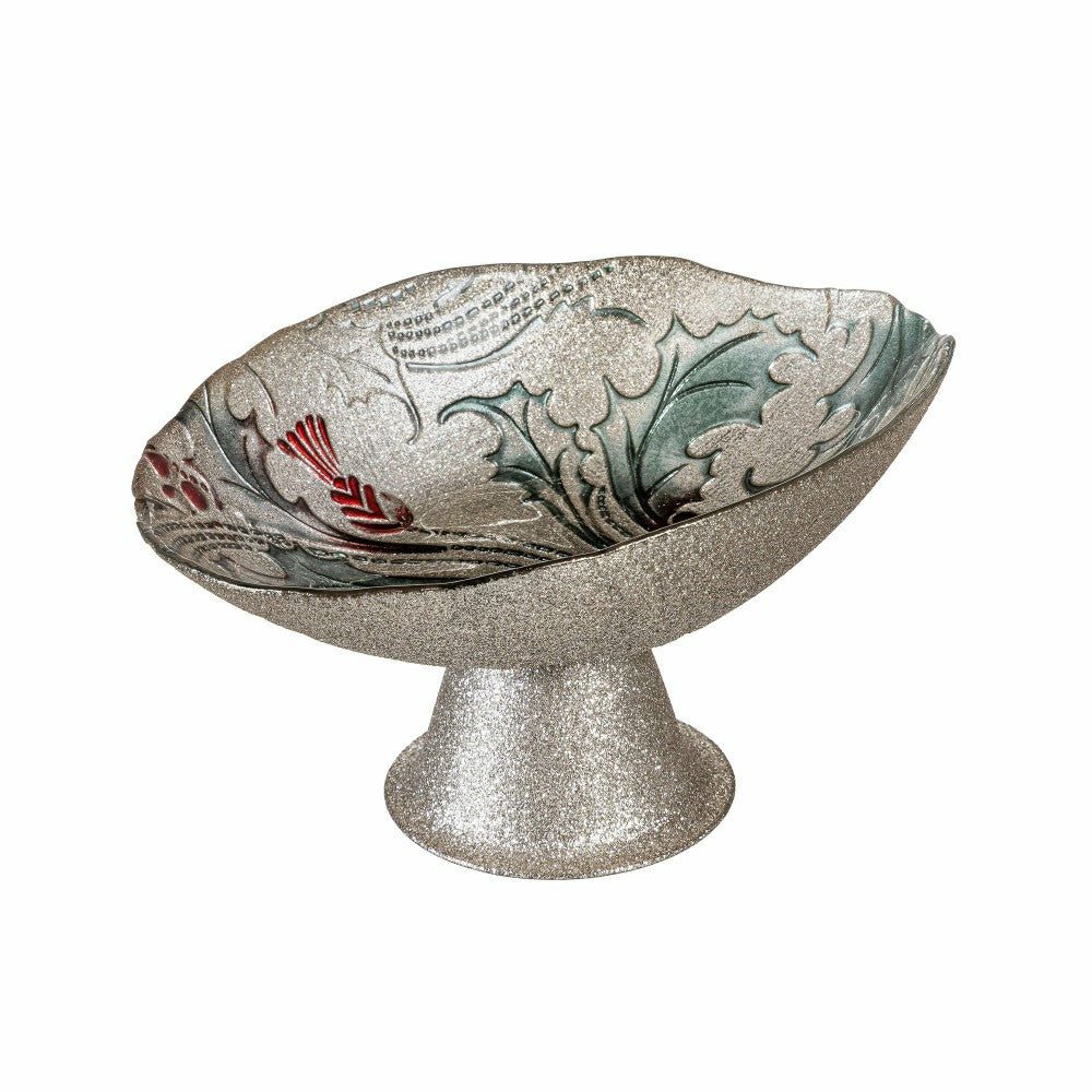 Joyful Traditions Bowl Glass Holly and Berries Footed Bowl, 8.25"L | Plow & Hearth