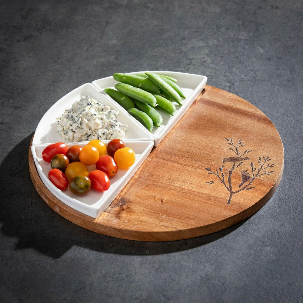 VivaStyle Serveware, Wood & Ceramic 3-Dish Server, 12", Set | Plow & Hearth