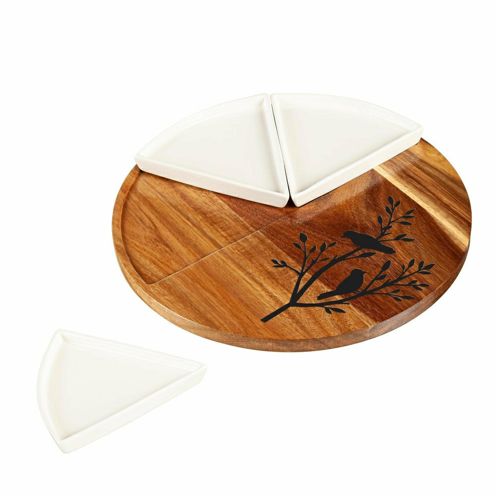 VivaStyle Serveware, Wood & Ceramic 3-Dish Server, 12", Set | Plow & Hearth