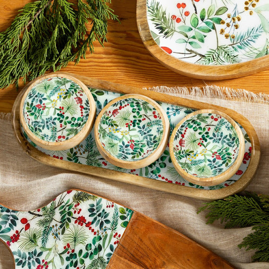 VivaStyle Playful Poinsettia , 3-Section Wood Server with Bowls, Festi | Plow & Hearth