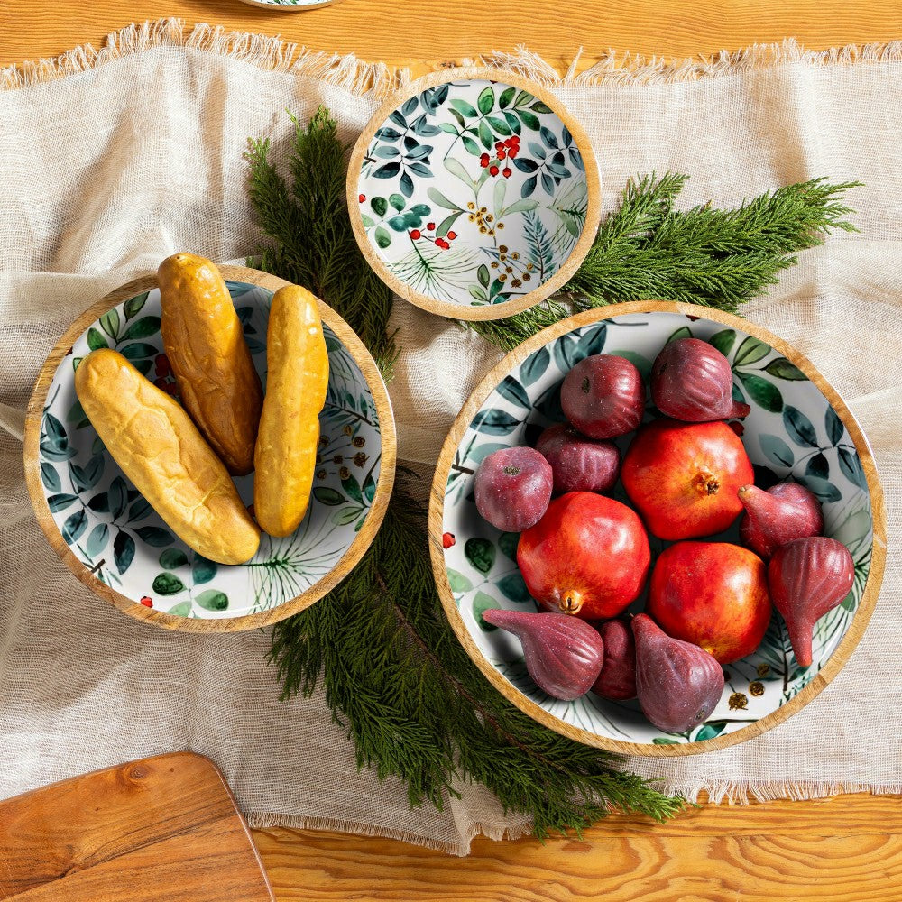 VivaStyle Playful Poinsettia Bowl, Wood Bowl Set, Festive Foliage, Set | Plow & Hearth