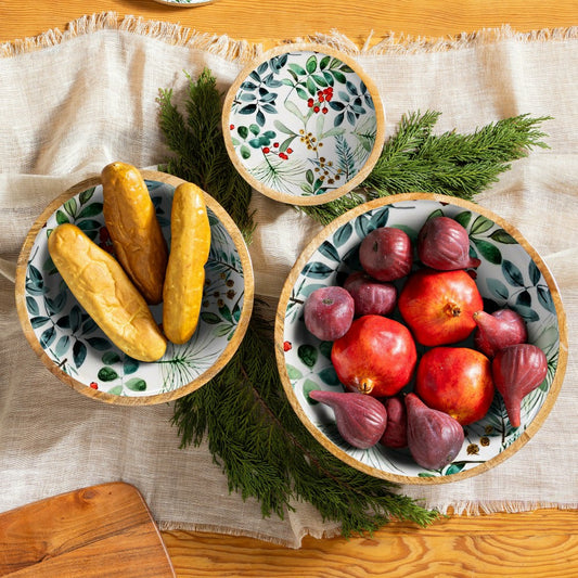 VivaStyle Playful Poinsettia Bowl, Wood Bowl Set, Festive Foliage, Set | Plow & Hearth