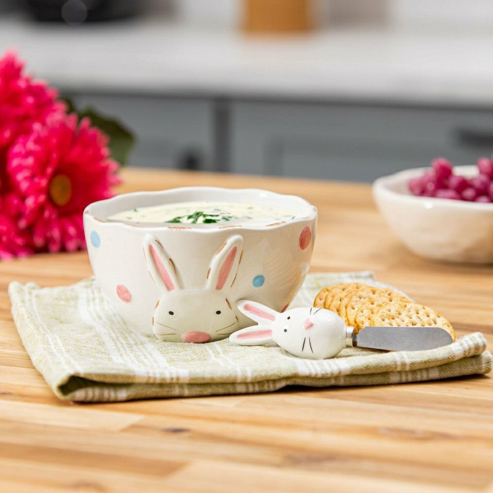 Hop Into Spring Serveware Ceramic Bunny Bowl and Spreader, Set of 2 | Plow & Hearth