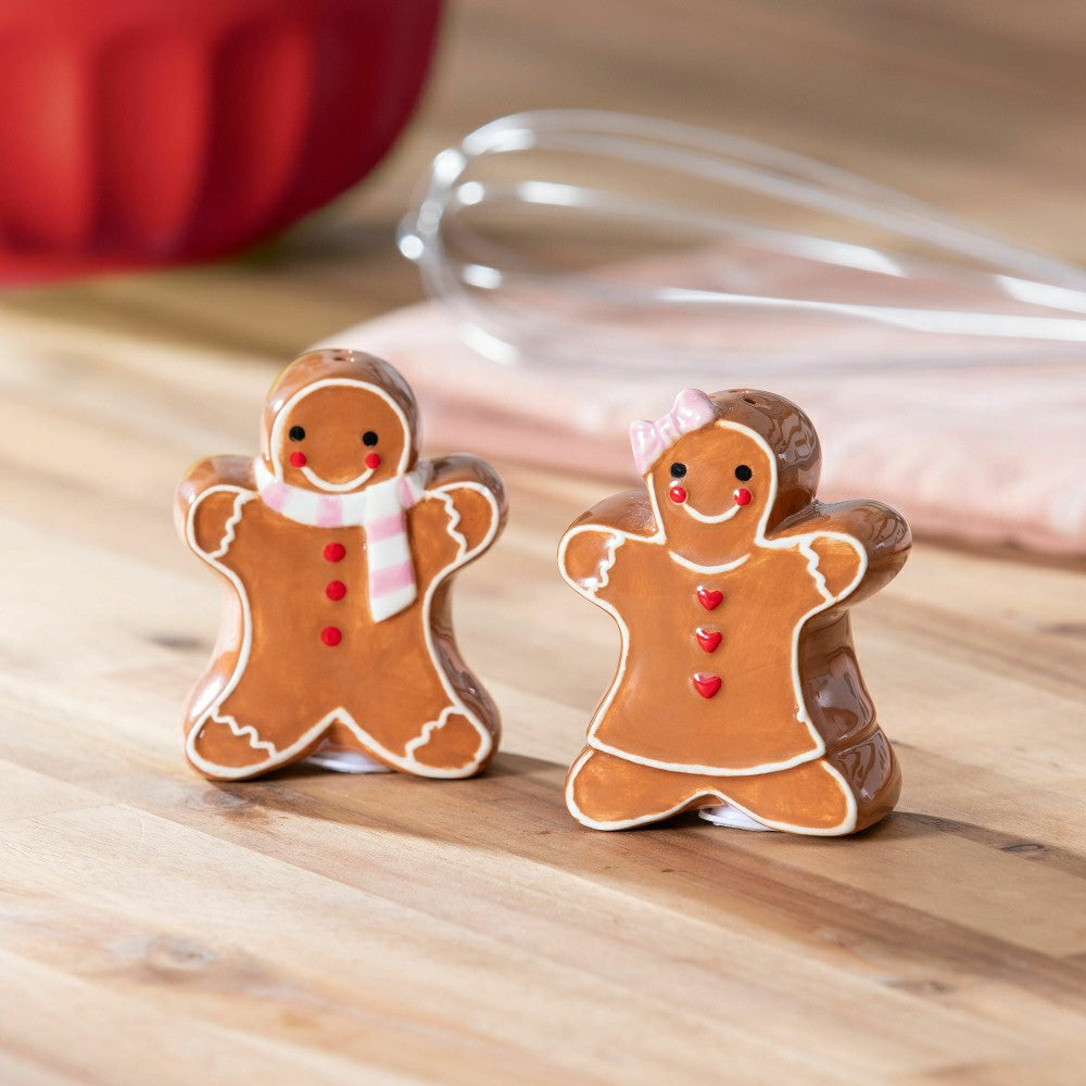 Sugar & Stripes Bright Salt and Pepper Shaker Ceramic Gingerbread, Set | Plow & Hearth