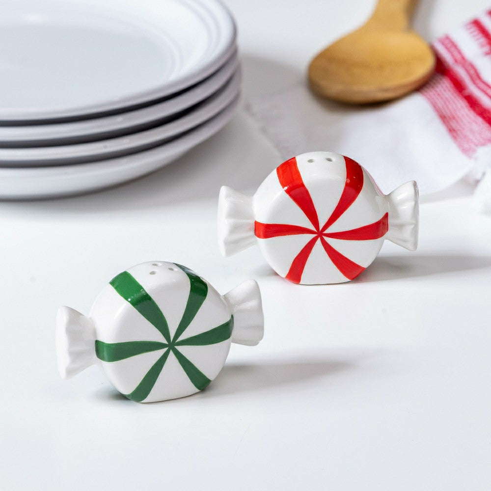 Sugar & Stripes Bright Salt & Pepper Shakers Ceramic Peppermint Candy, | Plow & Hearth