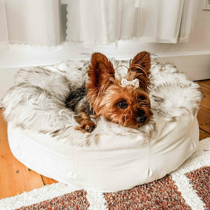 PupPouf™ Faux Fur Donut Dog Bed - White with Brown Accents | Plow & Hearth