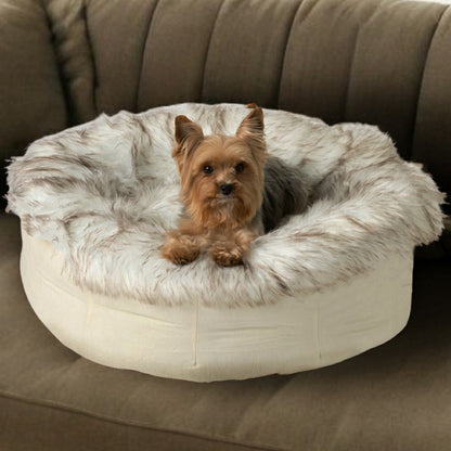 PupPouf™ Faux Fur Donut Dog Bed - White with Brown Accents | Plow & Hearth