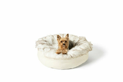 PupPouf™ Faux Fur Donut Dog Bed - White with Brown Accents | Plow & Hearth