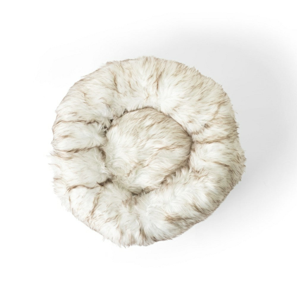 PupPouf™ Faux Fur Donut Dog Bed - White with Brown Accents | Plow & Hearth