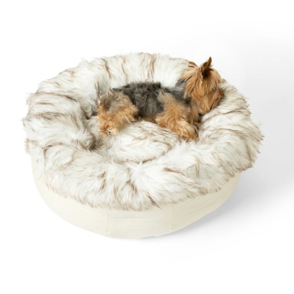 PupPouf™ Faux Fur Donut Dog Bed - White with Brown Accents | Plow & Hearth