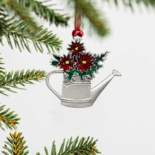 Poinsettia Watering Can Solid Pewter Ornament, 2.5"L | Plow & Hearth