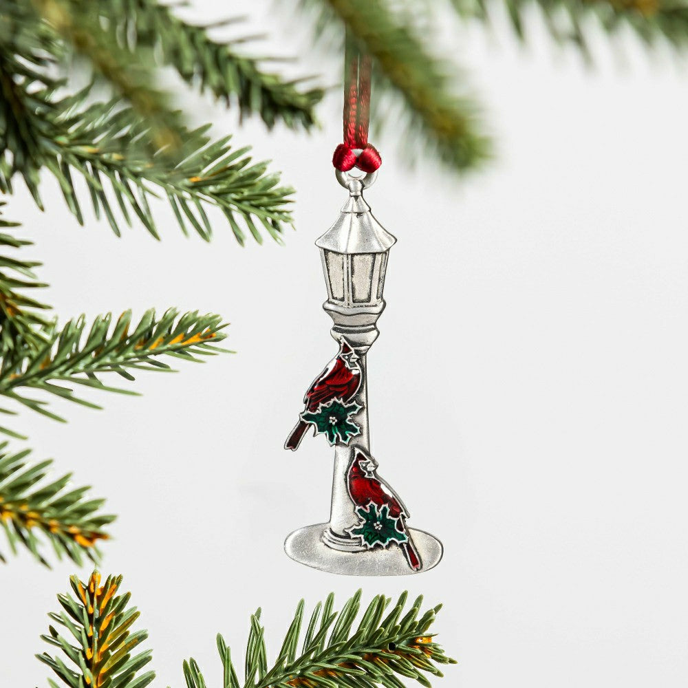 Joyful Traditions Ornament Solid Pewter Lamp Post with Cardinals, 3.5" | Plow & Hearth