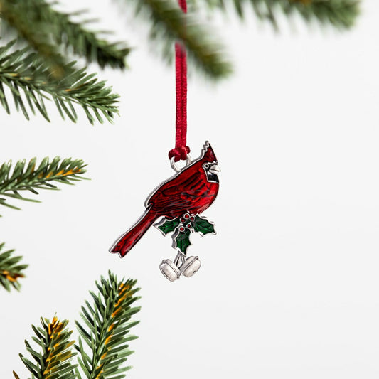 Cardinal with Holiday Bells Solid Pewter Christmas Ornament | Plow & Hearth