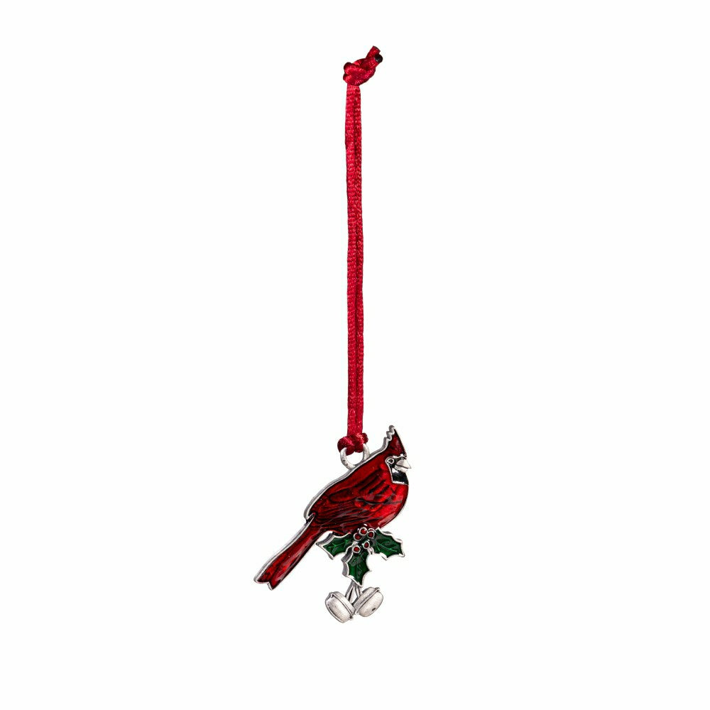 Cardinal with Holiday Bells Solid Pewter Christmas Ornament | Plow & Hearth