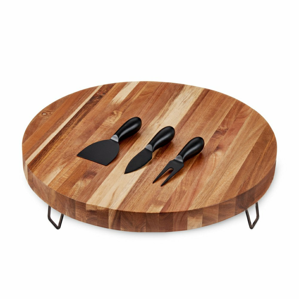 Acacia Footed Cheese Board & Knife Set | Plow & Hearth