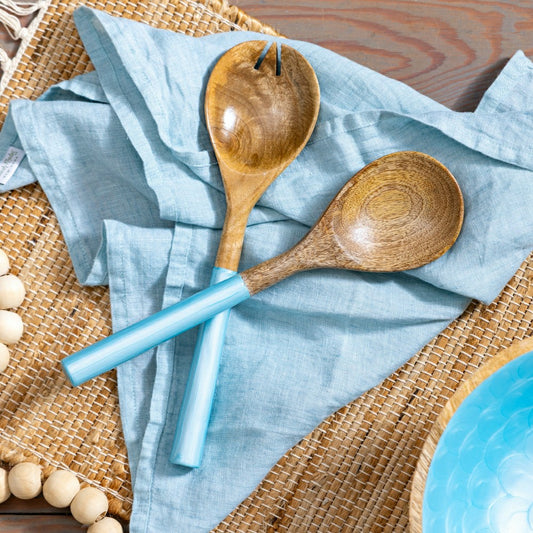 Blue Coastal Serving Utensil Wood with Scalloped Enamel Salad Servers, Set of 2 | Plow & Hearth