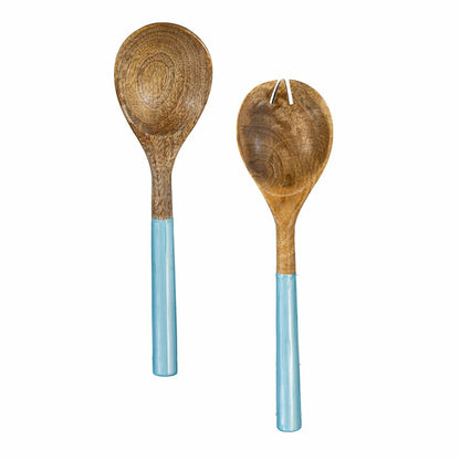 Blue Coastal Serving Utensil Wood with Scalloped Enamel Salad Servers, Set of 2 | Plow & Hearth